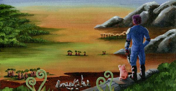 character looking across a vista, a small pink animal beside them
